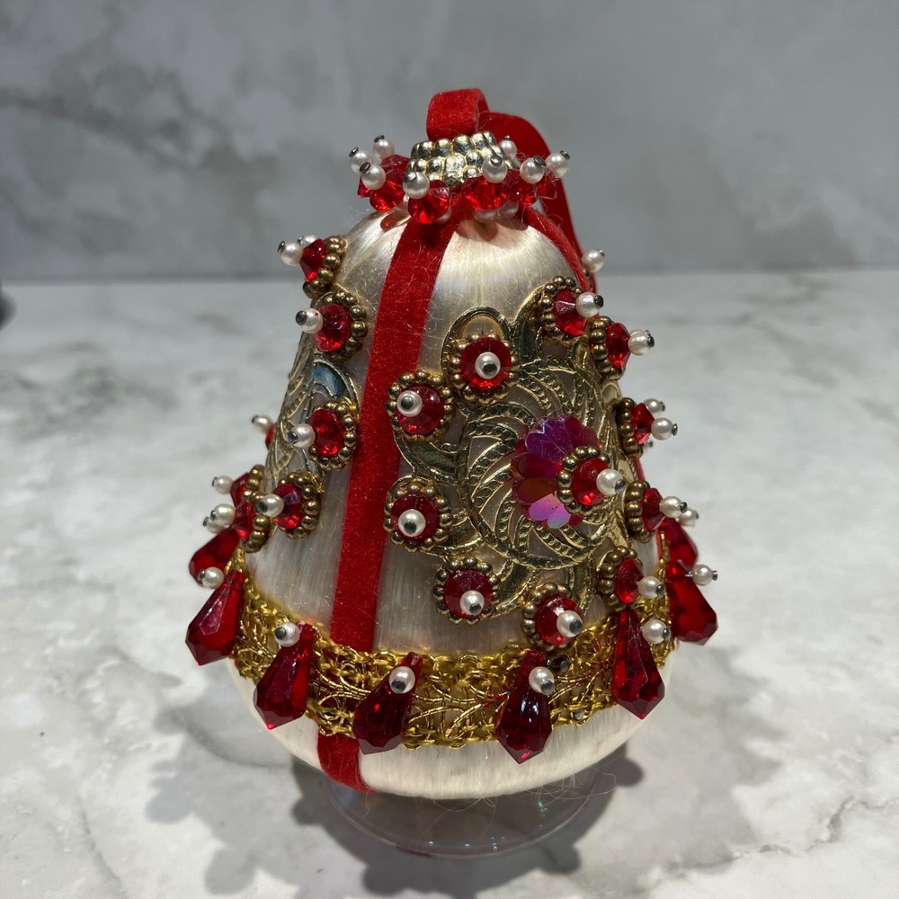 Vintage Handcrafted Satin Push Pin Christmas Ornament Red Gold Pearl Bell